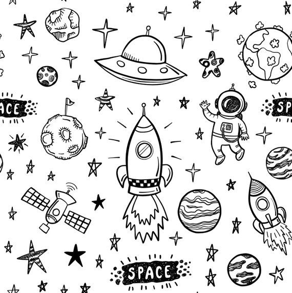 black and white space doodles with rockets, planets, stars and other objects on a white background