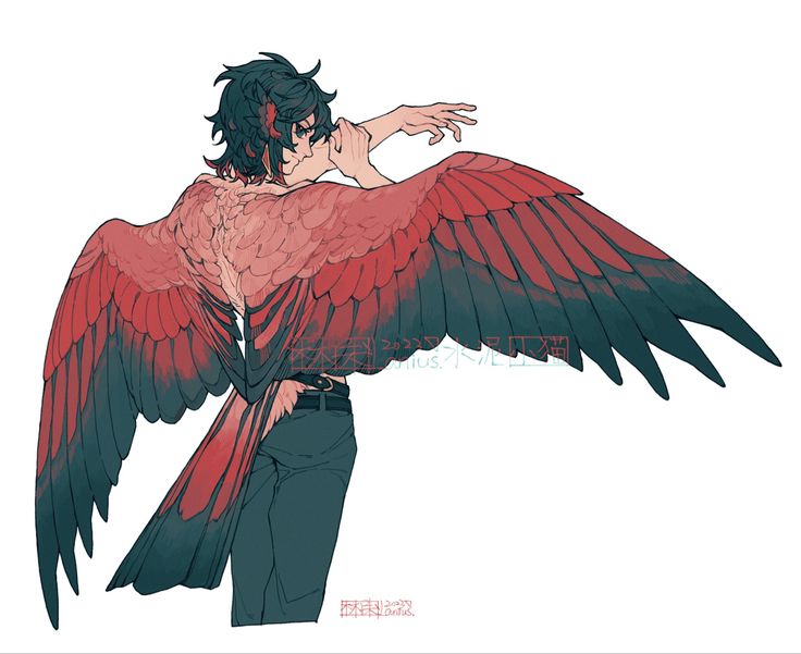 a drawing of a man with large red wings on his chest and black pants,