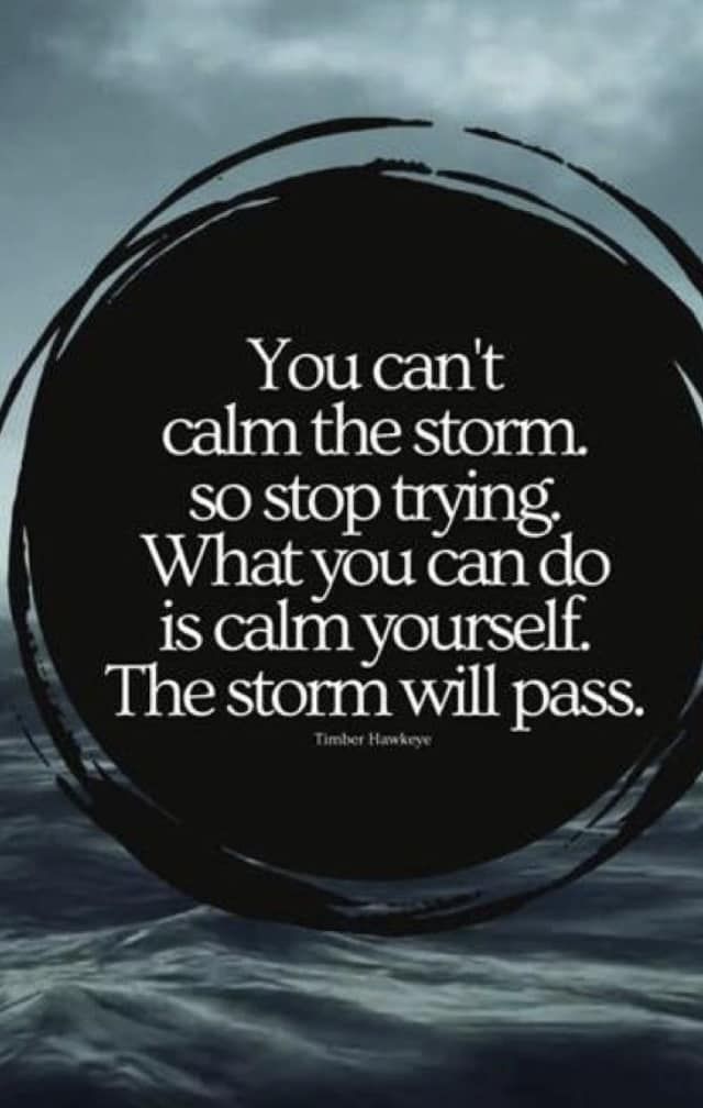 a black circle with the words you can't calm the storm, so stop trying what you can do is calm yourself