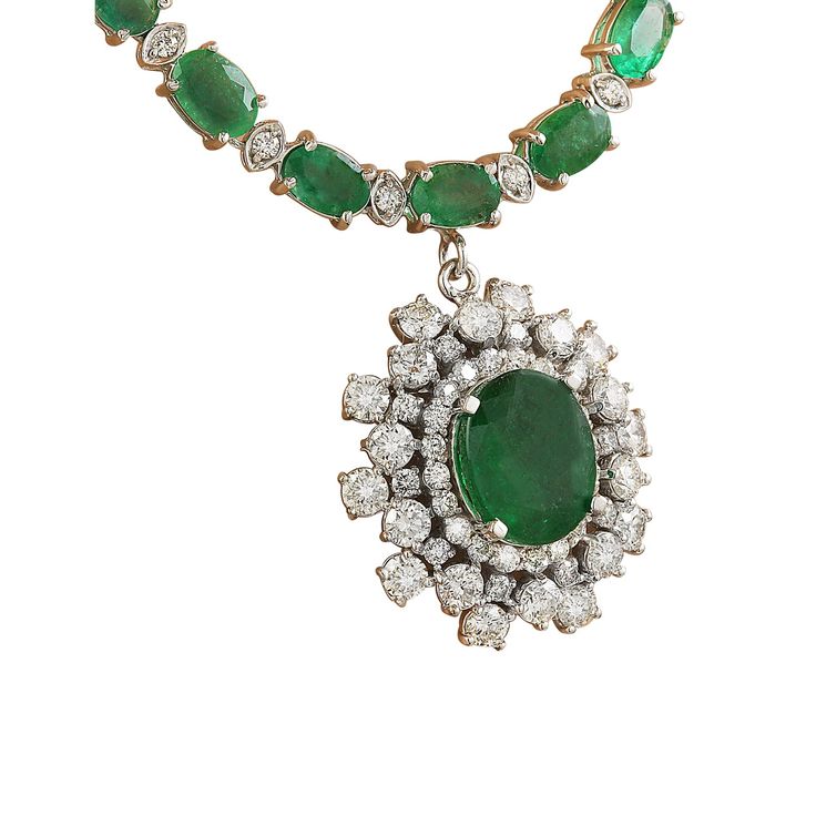 Stamped: 14KTotal Necklace Weight: 28 GramsNecklace Length: 18 InchesCenter Emerald Weight: 3.38 Carat (11.00x9.00 Millimeters)Side Emerald weight: 22.60 Carat (6.00x4.00 Millimeters)Diamond Weight: 3.98 Carat (F-G Color, VS2-SI1 Clarity) Face Measures: 21.70x21.85 MillimetersSKU: [600840] Formal Pear-shaped Emerald Necklace In Fine Jewelry Style, Dazzling Formal Emerald Gemstone Necklace, Exquisite Pear-shaped Emerald Necklace For Formal Occasions, Formal Pear-shaped Emerald Necklace Fine Jewelry, Formal Pear-shaped Emerald Necklace, Pear-shaped Emerald Gemstone Necklace For Formal Events, Pear-shaped Emerald Gemstone Necklace For Formal Occasions, Formal Emerald Necklace With Brilliant Cut, Formal White Gold Pear-shaped Emerald Necklace