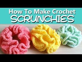 three crochet scrunches on a table with the title how to make crochet scrunches