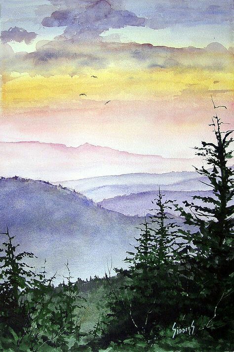 watercolor painting of mountains and trees at sunset