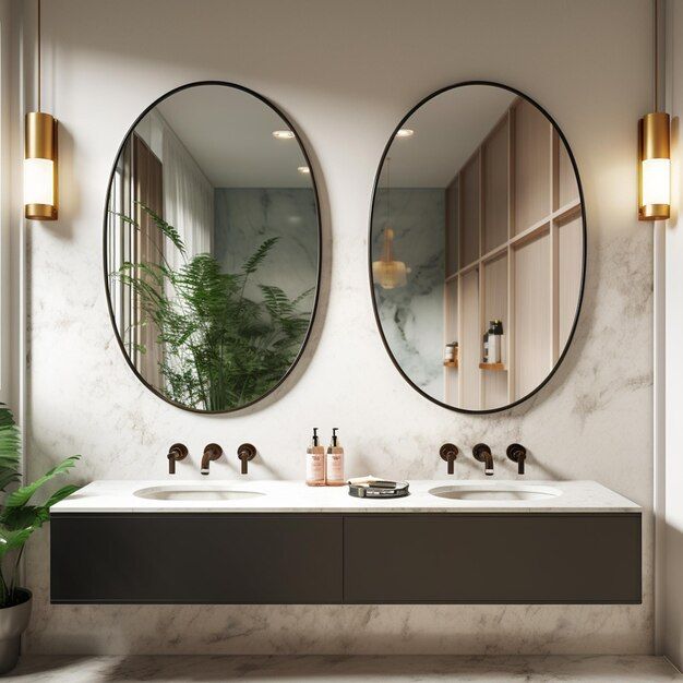 two round mirrors are above the sinks in this modern bathroom with marble countertops and brass fixtures