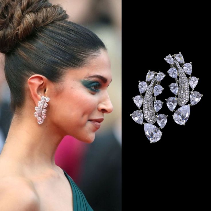 Deepika Padukone Jewelry Inspired feature sparkling moissanite diamonds set. The long chandelier design adds a touch of celebrity glamour, making them a standout statement piece. Perfect for special occasions, these CZ diamond earrings are an elegant and luxurious gift, ideal for anyone who loves stylish, high-end jewelry. *𝐏𝐑𝐎𝐃𝐔𝐂𝐓 𝐃𝐄𝐓𝐀𝐈𝐋* * 𝐌𝐚𝐭𝐞𝐫𝐢𝐚𝐥: Brass * 𝐏𝐥𝐚𝐭𝐢𝐧𝐠: Rose Gold Plated * 𝐒𝐭𝐨𝐧𝐞: AAA-quality CZ Diamond. *𝐃𝐈𝐌𝐄𝐍𝐒𝐈𝐎𝐍𝐒* * 𝐖𝐞𝐢𝐠𝐡𝐭: 8 gm ea Luxury American Diamond Earrings, Luxury Bollywood Style Dangle Earrings, Luxury Heavy Fusion Earrings, Luxury 22k Gold Bollywood Earrings, Statement Diamond Earrings, Diamond White Cubic Zirconia Chandelier Earrings For Party, Diamond White Cubic Zirconia Bridal Earrings For Party, Diamond White Bridal Earrings With Diamond Accents For Parties, Diamond White Bridal Earrings For Party