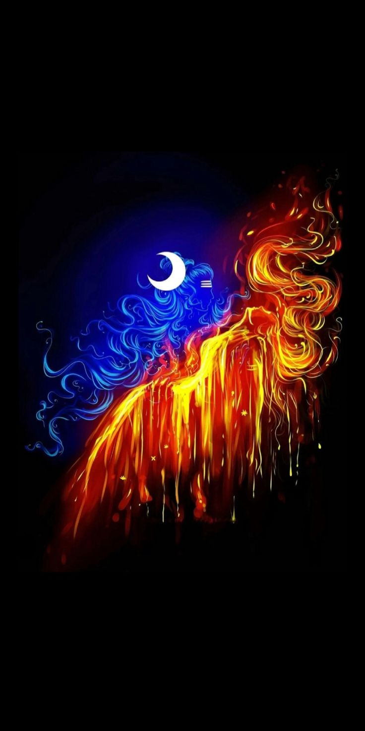 an artistic painting with fire and water in the night sky, on a black background