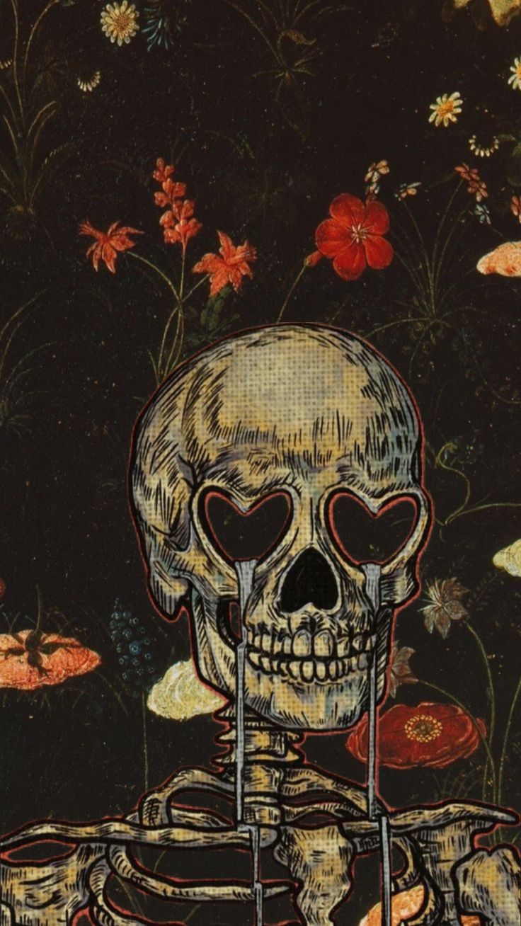 a painting of a skeleton with two forks in it's mouth, surrounded by flowers