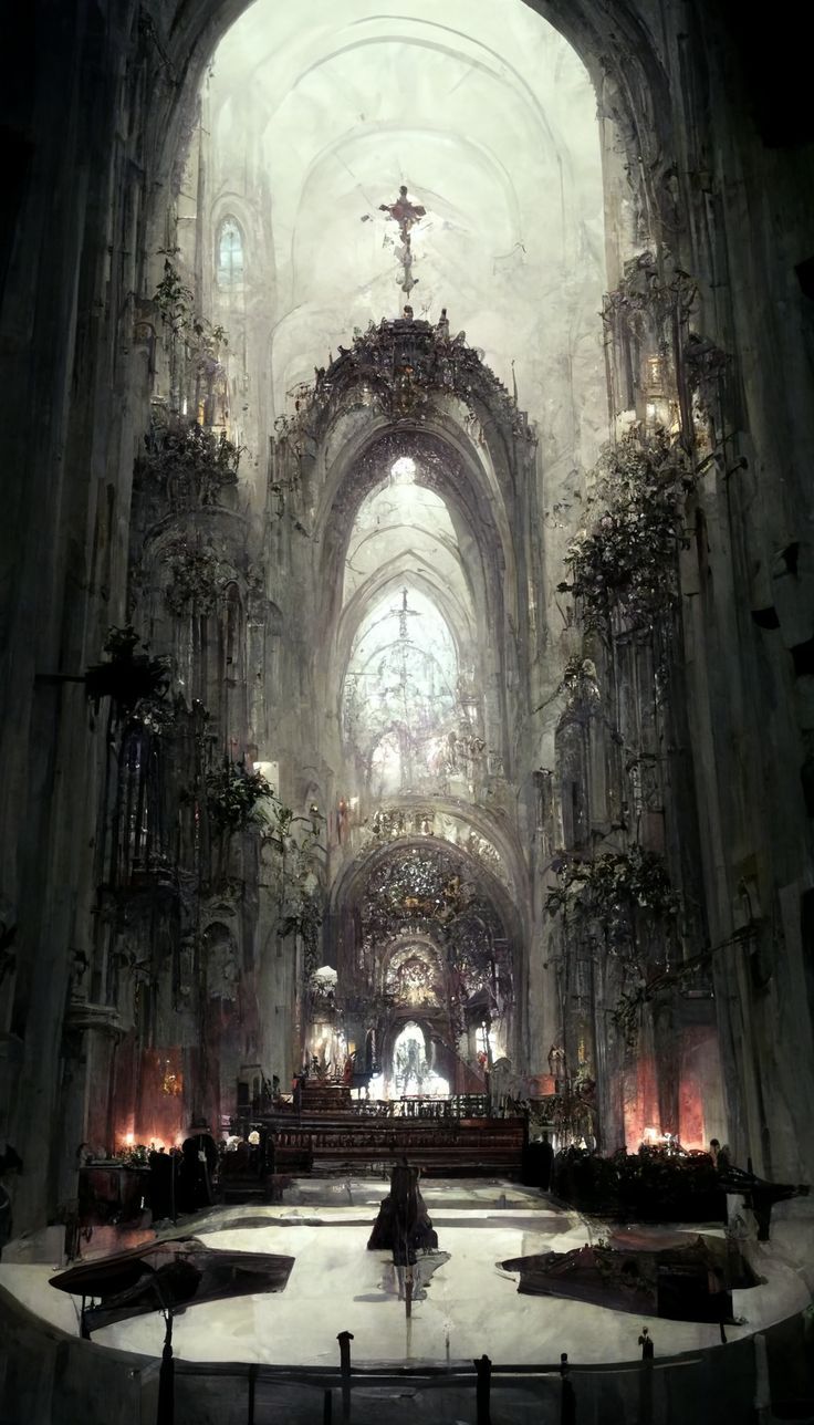 the interior of a large cathedral with people standing in front of it and lights on