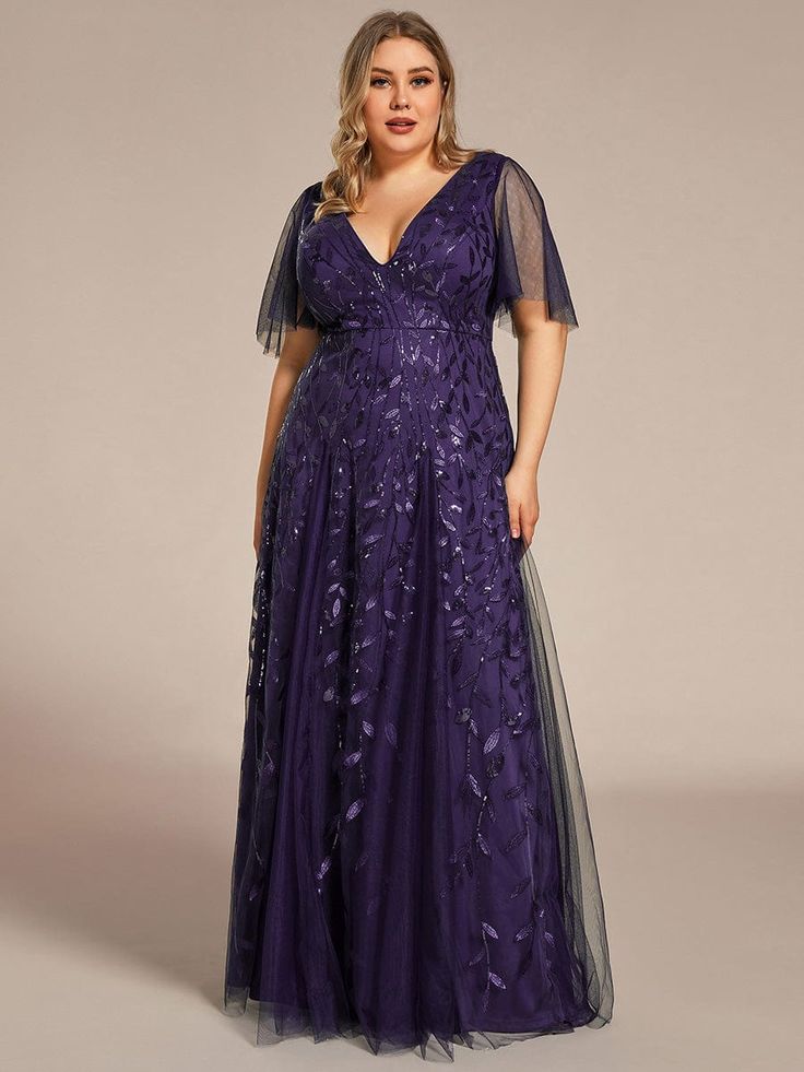 This plus size shimmery maxi long evening gown for weddings features a double deep V neckline and ruffles sleeves. The shimmery leave design gives a romantic vibe. No matter what occasion,?this long formal evening dress with sleeves will make you look gorgeous and elegant. Suitable for evening party, cocktail, weddings, prom, homecoming and graduation!Prices will vary as certain colors of this style is on sale. Sleeveless Fishtail Version: Evening Maxi Dress Short-Sleeve Fishtail Version: Prom Dress Round Neck Chiffon Version: Bridesmaid Dress V Neck Chiffon Version: Party Dress Fit: Please refer to size chart. Length: Floor length. Sleeve Style: Short sleeves. Closure: It is concealed a zipper up the back. Undergarments: It is not padded, with lining. Fabric: The garment comprises sequin. Black Wedding Guest Dresses, Blue Wedding Guest Dresses, Leave Design, Dark Green Bridesmaid Dress, Burgundy Evening Dress, Summer Bridesmaid Dresses, Evening Gowns With Sleeves, Dusty Blue Bridesmaid Dresses, Sequin Bridesmaid Dresses