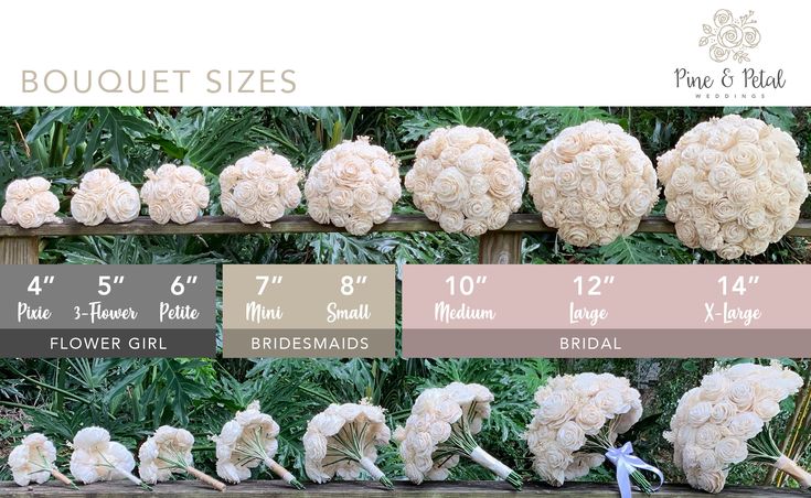 wedding bouquet sizes for brides and grooms on display in front of greenery