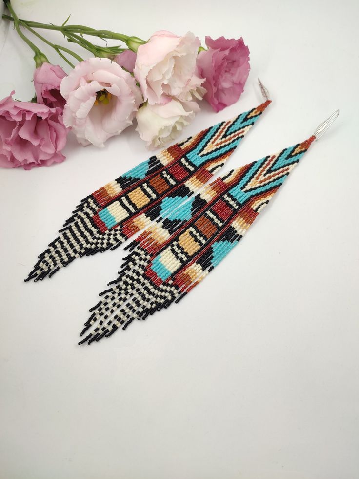 Red Seed Bead Earrings, Turquoise Southwestern Beaded Fringe Earrings, Southwestern Colorful Beaded Dangle Earrings, Colorful Southwestern Beaded Earrings, Southwestern Multicolor Fringe Earrings, Southwestern Style Multicolor Nickel-free Beaded Earrings, Winter Earrings, Beaded Earrings Native, Red Boho