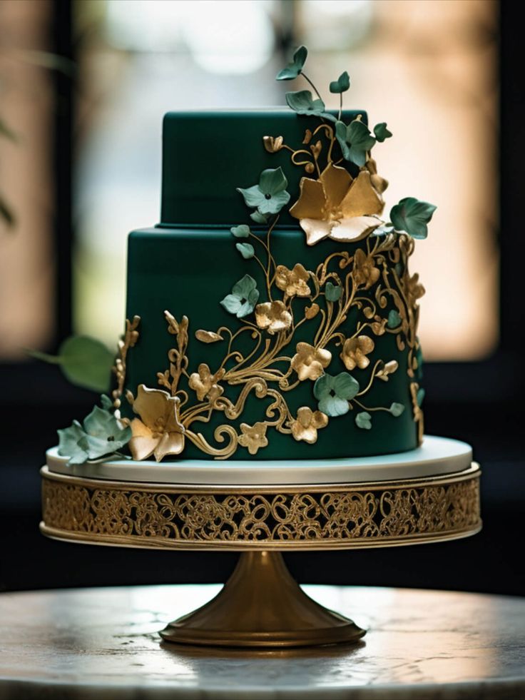 wedding cake with a green and gold color scheme Emerald Green Wedding Theme, Green And Gold Wedding, Quince Cakes, Green Gold Weddings, Colorful Wedding Cakes, Green Wedding Cake, Fondant Wedding Cakes, Wedding Cake Pictures, Green Cake