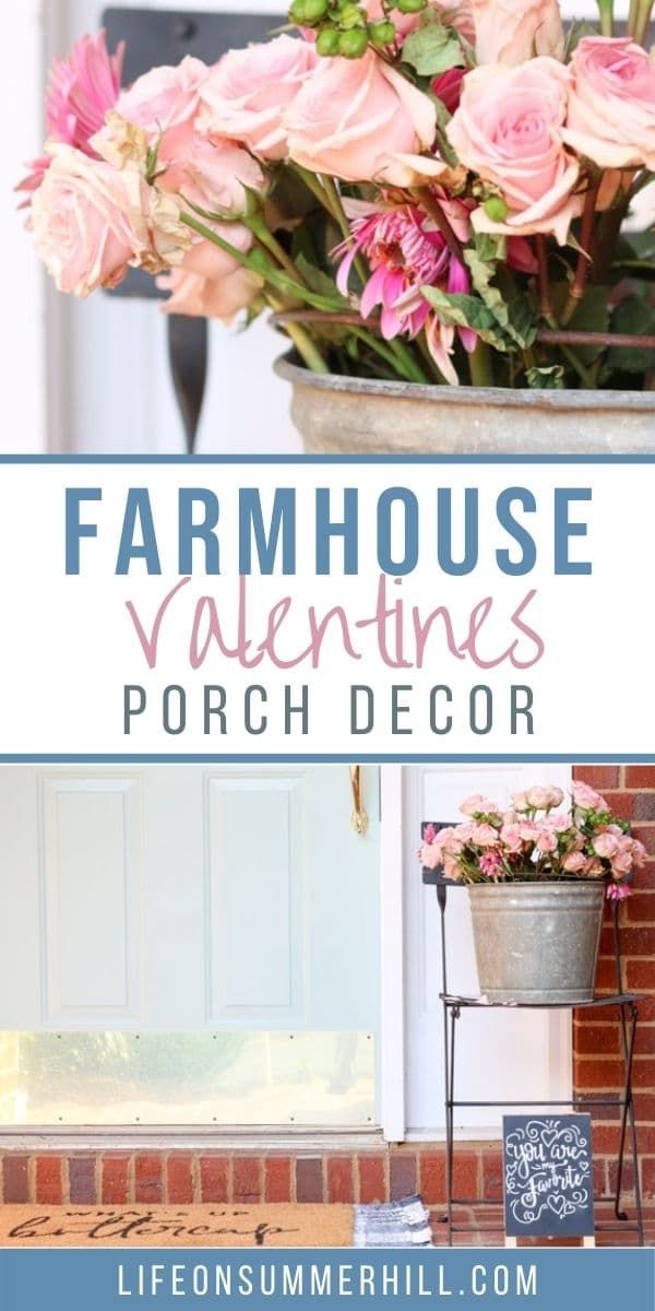 the front porch is decorated with pink roses and greenery for valentine's day