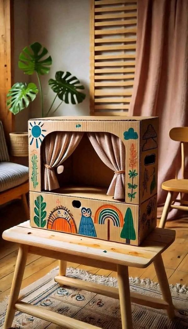 a child's wooden toy house sitting on top of a wooden bench in front of a window