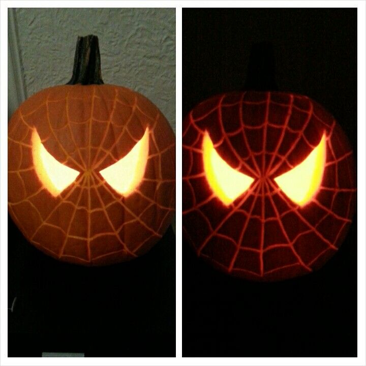 two pumpkins with faces carved to look like spider - man's eyes are shown