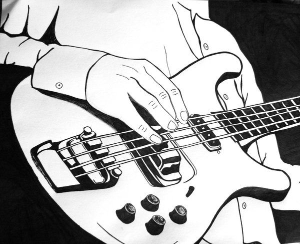 a black and white drawing of a person playing an electric bass guitar with their hands