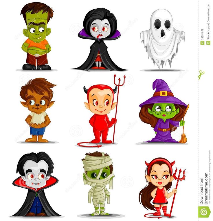 cartoon halloween characters in various costumes and colors, including dracula, witch, ghost, vampire boy