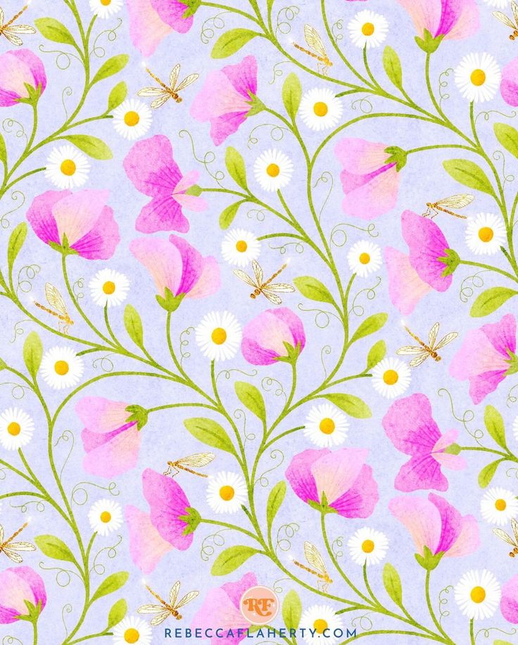 pink and white flowers with green leaves on a light blue background for fabric or wallpaper