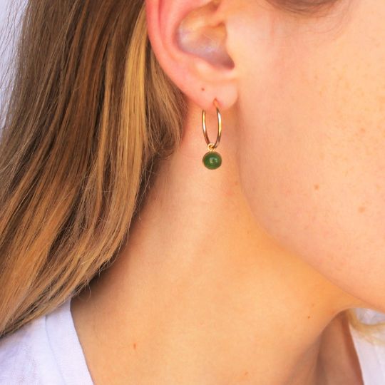 Jade Gold Hoop EarringsGorgeous gold hoops and natural jade drops, these hoop earrings are perfect for your favorite tee or LBD.-14kt gold filled bezel hand set with 6mm Naphrite Jade-16mm gold filled endless hoops Yellow Gold Jade Drop Earrings, Green 14k Gold Hoop Earrings, Hypoallergenic Gold Plated Green Jewelry, Hypoallergenic Green Gold-plated Jewelry, Jade Hoop Earrings As Gift, Gold Jade Hoop Jewelry, Gold Hypoallergenic Jade Earrings, Yellow Gold Jade Dangle Jewelry, Green Dainty Huggie Jewelry