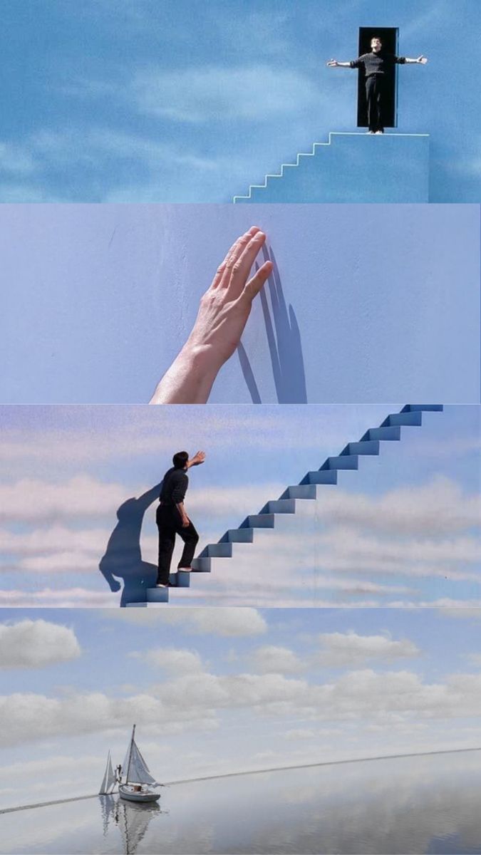 a collage of different images with hands and objects in the sky, water and clouds