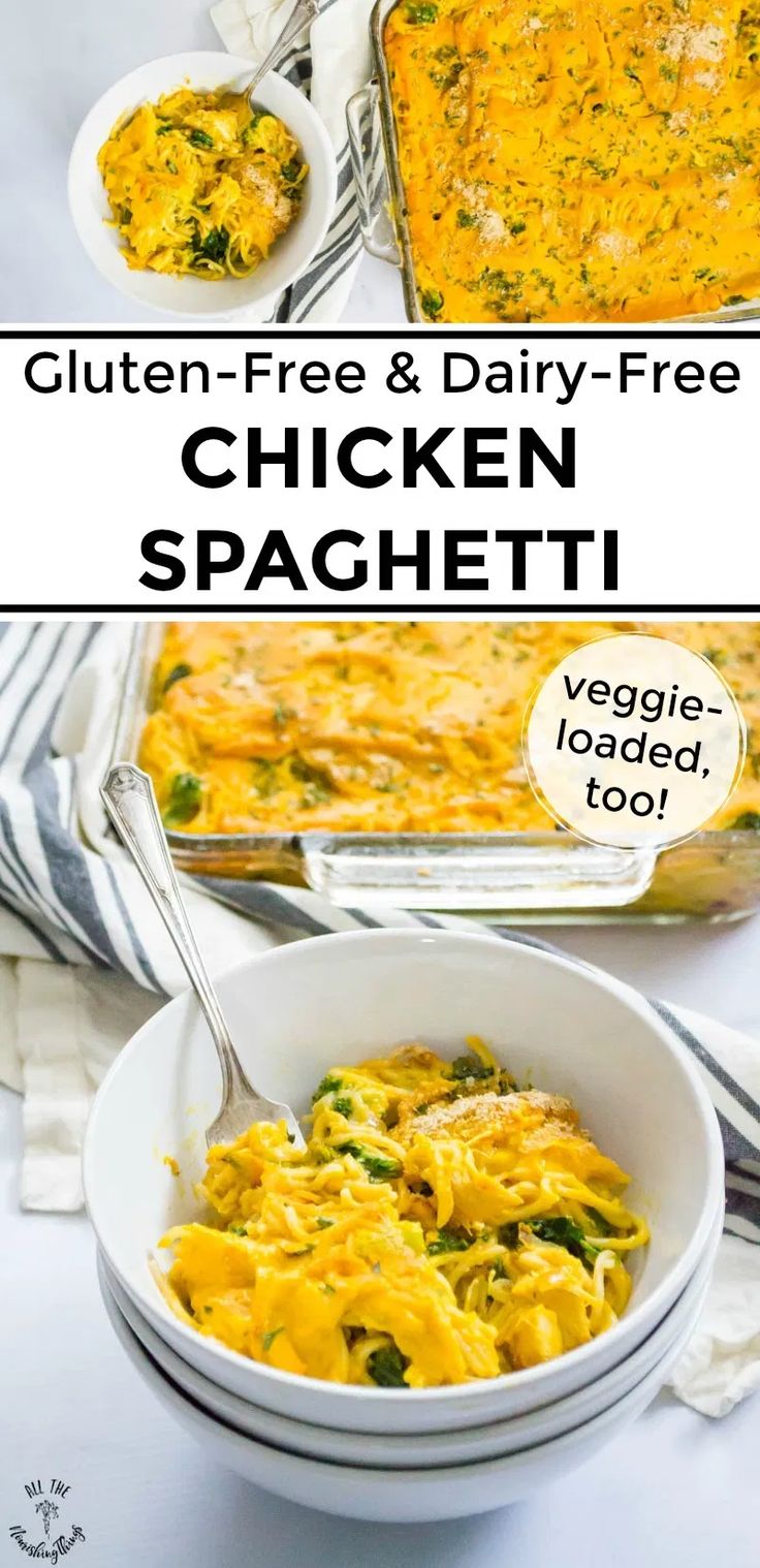 chicken spaghetti in a white bowl with text overlay