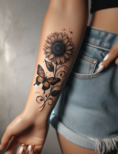 a woman's arm with a sunflower and butterfly tattoo on the left forearm