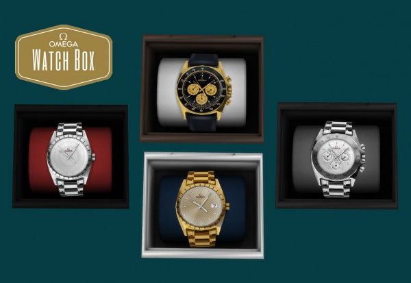 four different watches in boxes on a green background with the words watch box above them