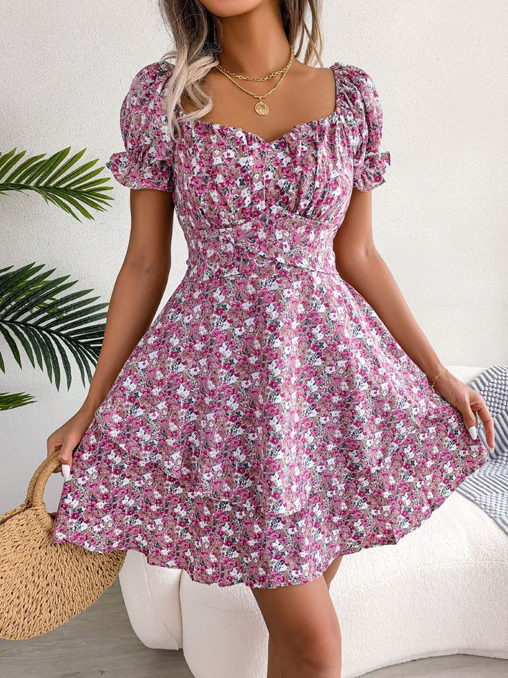 F00129396-104 Short Dresses Pattern, Milkmaid Dresses, Floral Spring Dresses, Vestidos Retro, Picture Style, Ruffles Fashion, Mini Robes, Summer Dress Outfits, Flounce Sleeve