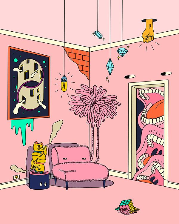 a room with pink walls and paintings hanging from the ceiling