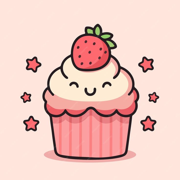 a pink cupcake with white frosting and a strawberry on top, surrounded by stars