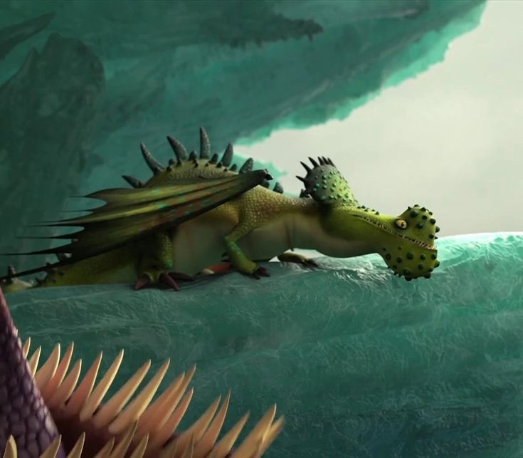 a green and yellow dragon sitting on top of a body of water next to another creature