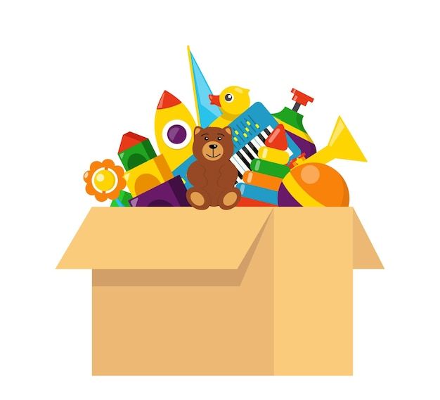 an open cardboard box filled with toys royalty illustration