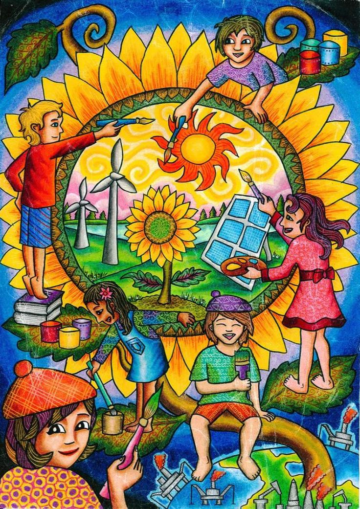 a painting with children and sunflowers on it