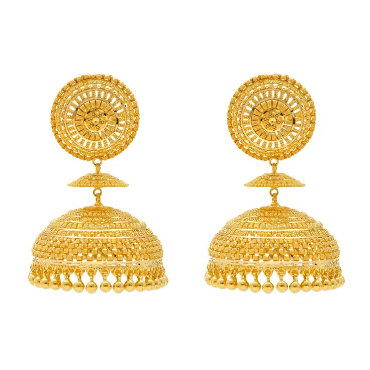 Pair these simple yet stylish 22 karat gold jhumka earrings with anything from causal wear to formal looks.Features• 22K Yellow GoldAdd a pair of 22 karat gold earrings from Virani to your jewelry collection! Our assortment of fine gold jewelry for women includes a vast assortment of 22 karat gold earrings in traditional and western styles for all occasions. Specifications• Minimum Earring Width - 2 millimeter• Maximum Earring Width - 40 millimeters• Earring Size - 63 millimeters• Earring Length 22k Gold Jhumkas With Latkans For Navratri, 22k Gold Chandbali Jhumkas With Cutdana, 22k Gold Chandbali Jhumkas With Tilla, Festive 22k Gold Jhumkas With Latkans, 22k Gold Chandbali Jhumkas For Festive Occasions, 22k Gold Chandbali Jhumkas For Diwali, Heavy 22k Gold Chandbalis, Yellow Gold Chandbali Earrings For Navratri, 22k Gold Chandbali Jhumkas Bollywood Style