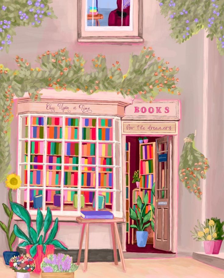 a painting of a book store with potted plants and books on the front window