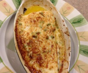 an omelet on a plate with a fork