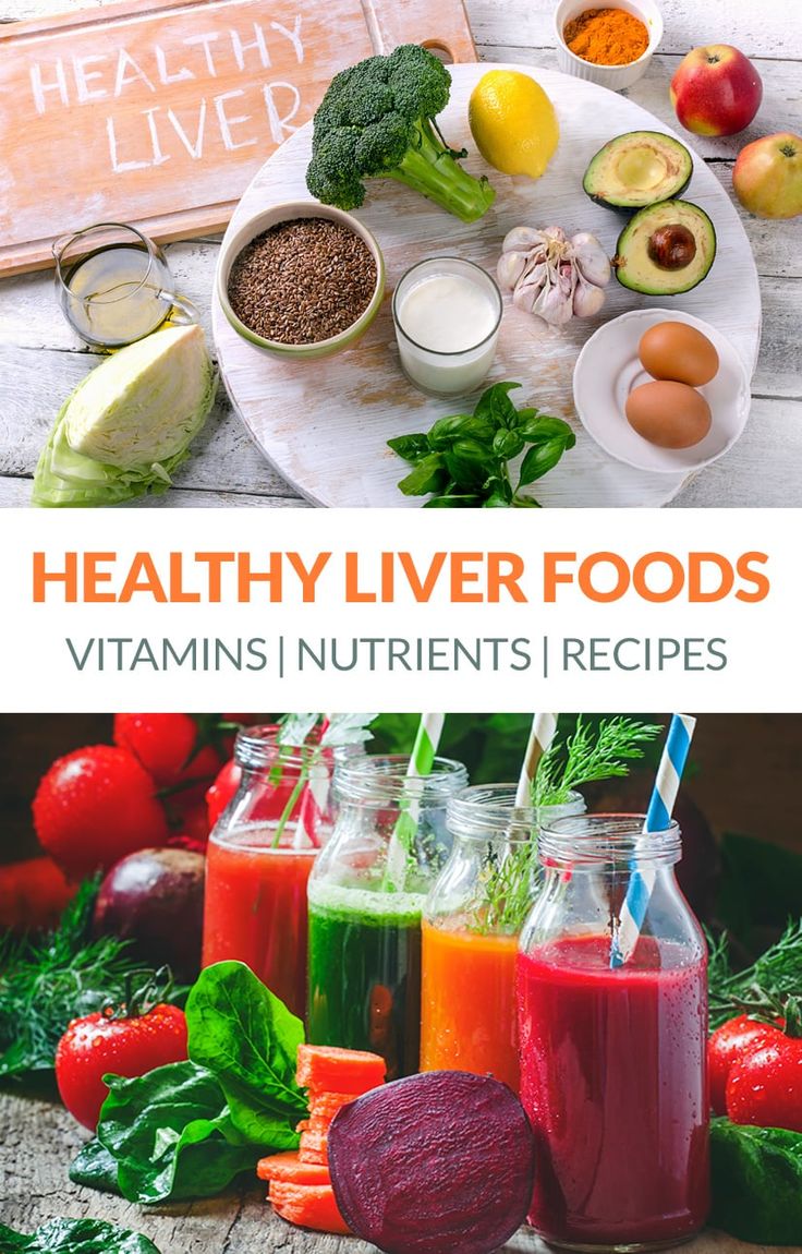 healthy liver foods are displayed on a table with fruits and vegetables in the foreground