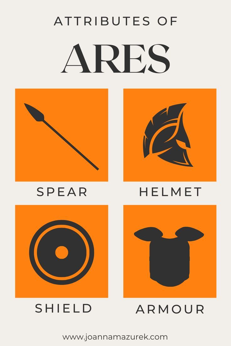 an orange and black poster with the words, attributes of aress spear helmet armor