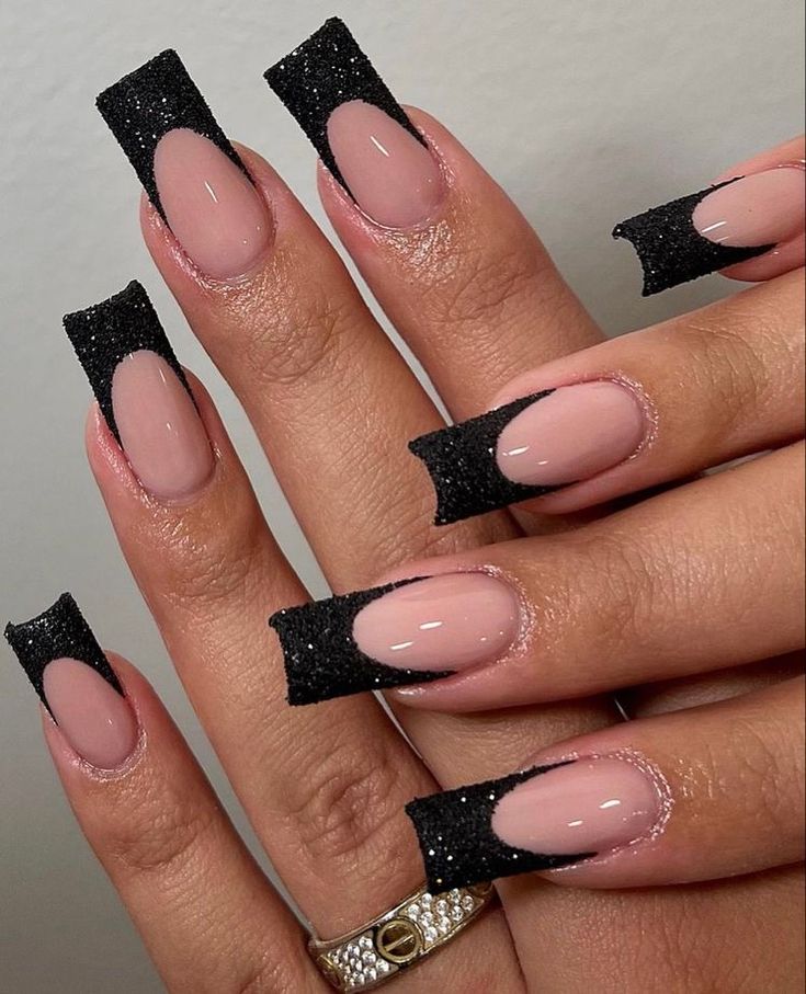 Black Sparkle Nails, Black Prom Nails, Black French Nails, Black Nails With Glitter, Bridesmaids Nails, Black French Tips, Black Acrylic Nails, Formal Nails, Girly Acrylic Nails