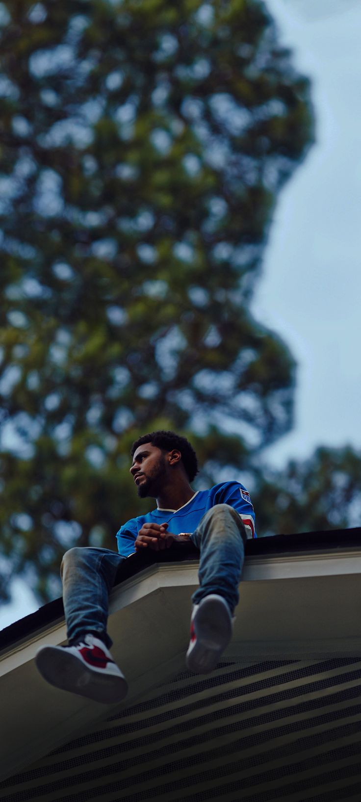 a man sitting on top of a roof next to a tree