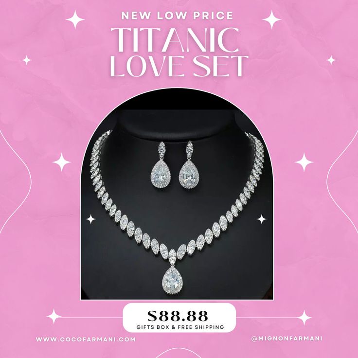 Be the subject of their talk in this stunning Titanic Love Set hand picked by CoCo Farmani for the Opulent Woman. Gift Box Included High Quality Cubic Zirconia Bridal Necklace Set with Earrings. high polishing, 14k/18k Real gold plated + protection coating, color will last a long time. Eco-friendly No Nickel, Chromium or Lead Glamorous Jewelry For Valentine's Day Formal, Glamorous Valentine's Day Jewelry For Formal Occasions, Glamorous Valentine's Day Formal Jewelry, Rhinestone Jewelry For Valentine's Day Formal Occasions, Sparkling Jewelry For Valentine's Day Wedding, Valentine's Day Rhinestone Jewelry For Formal Occasions, Sparkling Jewelry For Wedding On Valentine's Day, Elegant Cubic Zirconia Jewelry Sets For Valentine's Day, Elegant Jewelry Sets For Valentine's Day Anniversary