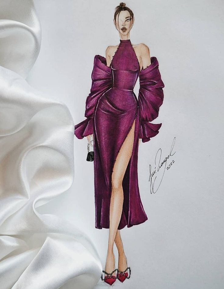 a drawing of a woman in a purple dress