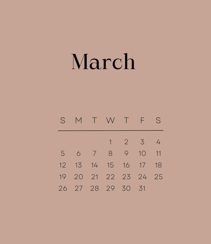 a march calendar with the word march written in black and white on a pink background