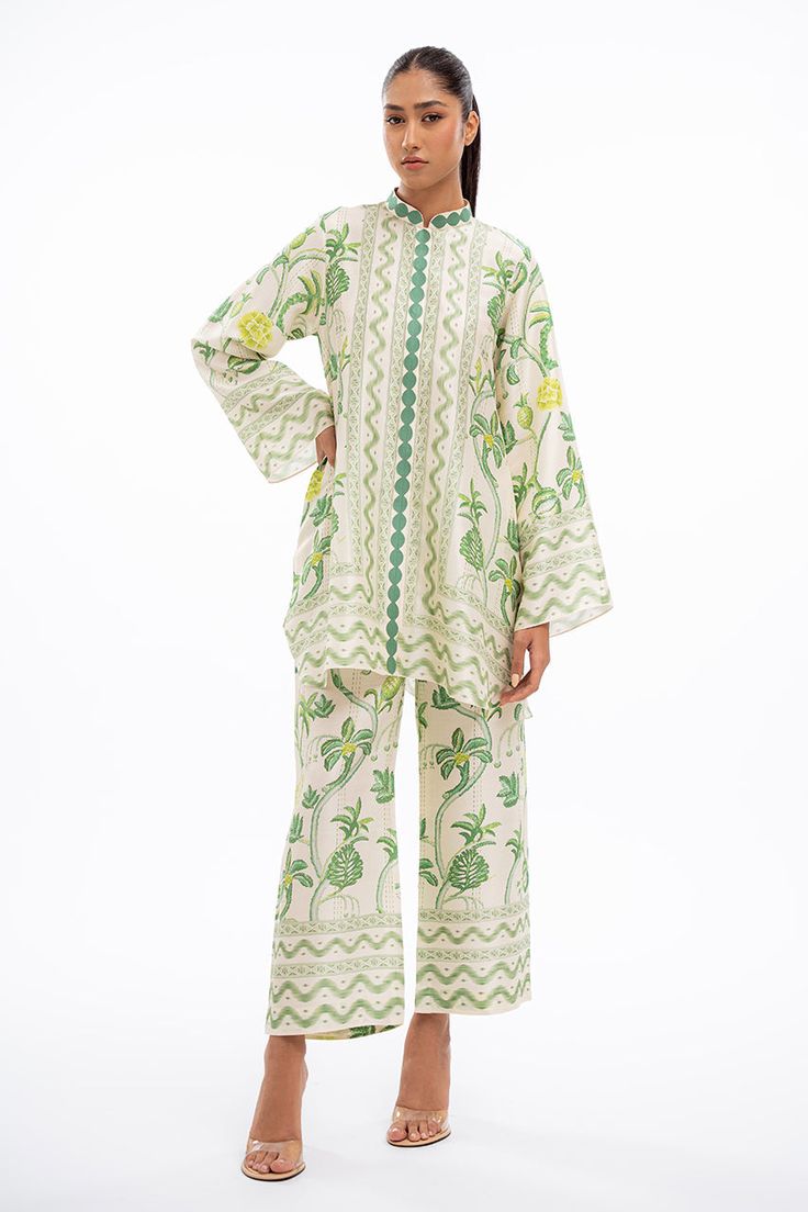 Nia Summer Silk Pant Set With Floral Print, Summer Silk Floral Print Pant Set, Spring Silk Pant Set With Printed Motifs, Spring Silk Embroidered Pant Set, Bohemian Floral Print Palazzo Set, Silk Pant Set With Floral Embroidery, Traditional Silk Pant Set For Spring, Silk Pant Set With Floral Embroidery And Straight Kurta, Silk Pant Set With Straight Kurta And Floral Embroidery