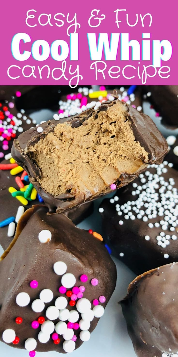 easy and fun cool whip candy recipe with chocolate frosting, sprinkles, and marshmallows