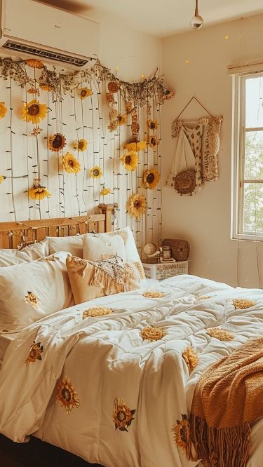 a bedroom with sunflowers hanging on the wall and bedding in front of a window