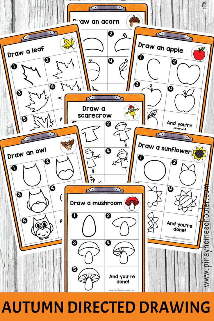 four autumn directed drawing worksheets with an orange background