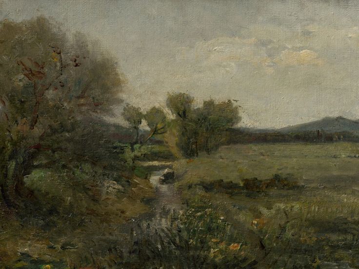 an oil painting of a stream in a field