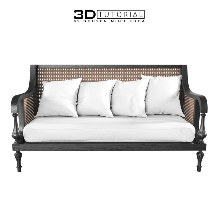 a couch with white pillows on top of it and the words 3dfurial above it