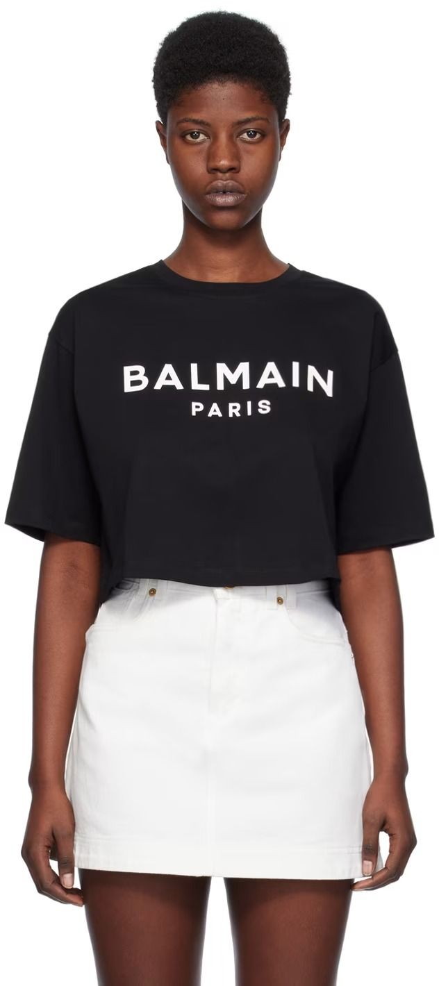 Black Printed T-Shirt by Balmain on Sale Spring Cotton Logo T-shirt, Cotton Logo Short Sleeve Tops, Short Sleeve Cotton Top With Logo, Cotton Logo Top With Short Sleeves, Cotton Jersey Logo Print Short Sleeve Tops, Short Sleeve Cotton Jersey Top With Logo Print, Summer Graphic Tee With Signature Print, Cotton Jersey Short Sleeve Top With Logo Print, Summer Crew Neck Tops With Signature Print