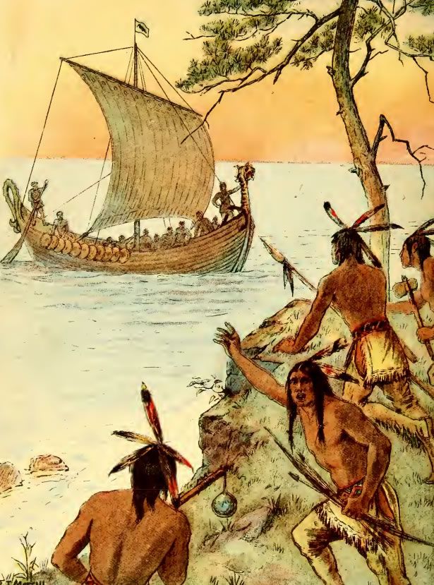 an image of native americans in the water with a boat and people standing around it